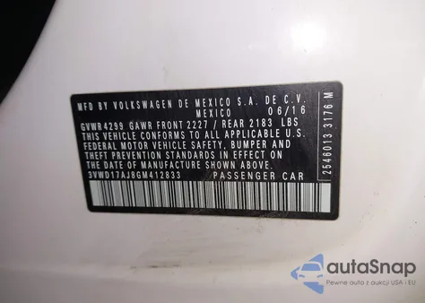 2016 Volkswagen Jetta 1.8T Sport из США, поврежденный, VIN 3VWD17AJ8GM412833